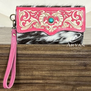 Western Style Handcrafted Tooled Leather Wristlet <b>Wallet</b> for Women Genuine Cowhide Leather Multiple Compartments Clutch Purse - Product Image 1
