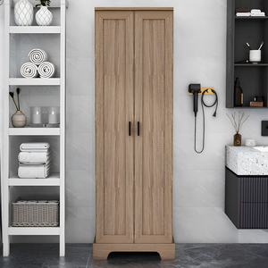 Contemporary Teak Wood <b>Narrow</b> <b>Storage</b> Unit with Minimalist Slender Handles - Product Image 1