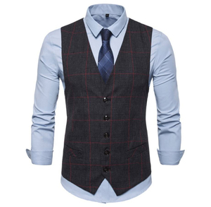 Custom Men's Formal Business Plaid V-Neck Slim Fit <b>Vest</b> Waistcoat Single Button Closure Worsted Fabric Reversible Suit Layering - Product Image 3