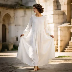 Robe longue blanche de style bohème pour femmes, manches longues, coupe ample, fluide, en coton et lin, légère, robe longue de vacances - Product Image 1