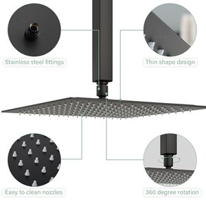 Sistema doccia a soffitto nero opaco da 16 pollici con doccia a pioggia e soffione portatile - Product Image 3