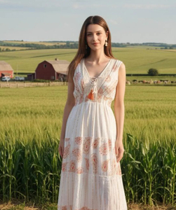 Vestido Largo Bohemio para Mujer, Sin Mangas, con Lazos, Cuello en V, Estampado Floral, Maxi Vestido con Estampado de Bloques - Product Image 1