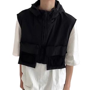 High Street Style <b>Men's</b> Thin Cropped Zippered Hooded Design Vests Casual City Walk Solid Sleeveless <b>Waistcoat</b> S-5XL - Product Image 2