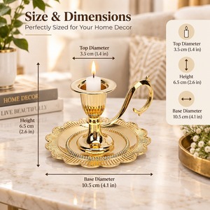 Gold Brass Chamberstick <b>Candle</b> Holder Handled Taper Stand Vintage Scalloped <b>Tray</b> Base Candleholder Home Table Wedding Decoration - Product Image 4