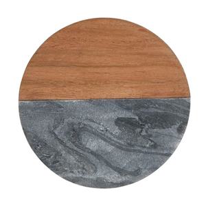 Sous-verre rond à deux tons en marbre et en bois avec pierre grise naturelle et incrustation en bois massif, sous-verre artisanal pour la décoration de table - Product Image 1