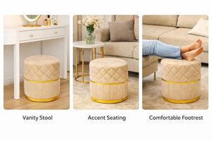 Premium Velvet Puffy <b>Ottoman</b> <b>Stool</b> for Living Room, Bedroom and Dressing Area | Round Footrest with Diamond Quilting - Product Image 3