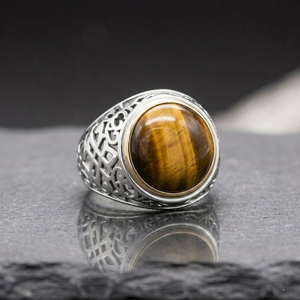 Anillo de Plata de Ley 925 para Hombre con Piedra de Ojo de Tigre Natural Redonda de 12 mm, Engaste de Bisel, Estilo Clásico para Uso Diario - Product Image 1