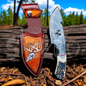 Couteau de chasse OEM Wirecut en acier Damas, couteau à dépecer, manche en bois de cerf, lame fixe, couteau de camping et d'extérieur EDC avec étui en cuir - Product Image 2