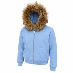 Sudadera con capucha de piel sintética azul cielo premium, unisex, con cremallera, bordado personalizado OEM, estampado DTG, corte holgado corto, sudadera con capucha de piel premium con cremallera - Product Image 1