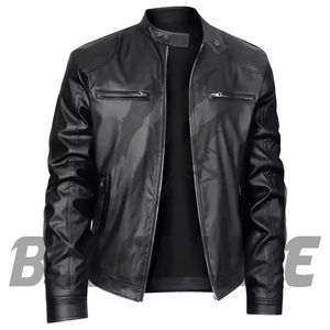 BLOODLINE Men's Blue PU Leather Moto <b>Biker</b> <b>Jacket</b> Slim Fit Zipper Closure Stand Collar Autumn Wear - Product Image 3