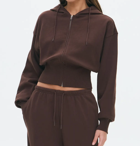 High Quality Vintage Custom Women Oversized <b>Zip</b>-<b>Up</b> Knitted Hoodie Organic Cotton Fleece <b>Crop</b> Top Tracksuit Set Front Autumn - Product Image 1