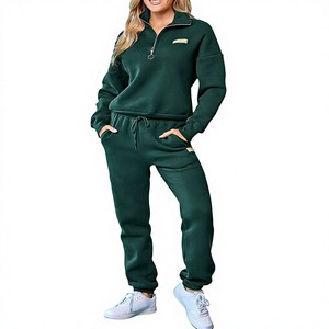 Survêtement décontracté pour femme en molleton avec logo brodé personnalisé, sweat-shirt zippé et pantalon de jogging ample en molleton 100% coton épais, OEM ODM - Product Image 3