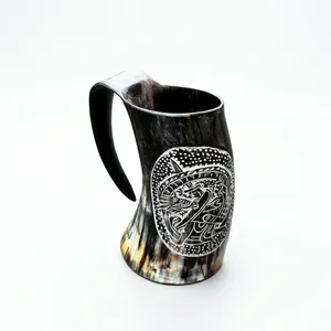 Mug à boire en corne de buffle polie fait main, forme naturelle, toucher réel, thème animal sculpté, objet d'art de collection, base durable - Product Image 3