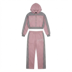 Conjunto de Sudadera Corta con Cremallera y Pantalones Jogger de Pierna Ancha para Mujer, con Bloques de Color y Detalles de Pedrería, Estilo Urbano - Product Image 3
