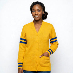 Top Women's <b>Yellow</b> V-Neck Double Breasted Cardigan Full Sleeve Embroidered Sigma Gamma Rho Sorority Knit Winter Vintage - Product Image 1