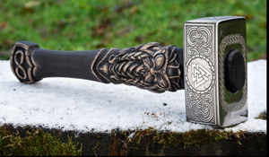 Handmade Viking Tomahawk <b>Axe</b> With Engraved <b>Wood</b> Handle And Thor Hammer Design For Firewood Splitting - Product Image 2