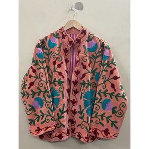 <b>Women's</b> peach <b>Velvet</b> Jacket Mandarin Collar Batwing Sleeve Hand Embroidered Floral Pattern Open Front <b>Coat</b> - Product Image 1