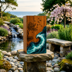 Handmade Wood Resin Cremation Urn Ocean Wave Memorial <b>Ashes</b> Box Art Deco Tabletop Keepsake <b>Casket</b> - Product Image 5