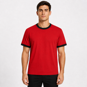 Custom Mens 100% Cotton Solid Knitted <b>Ringer</b> <b>T</b>-<b>Shirt</b> Contrast Collar Sleeve Cuff Graphic Printed Short Sleeve OEM Wholesale - Product Image 3