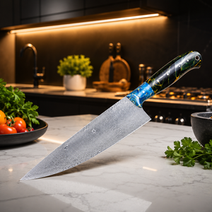 Couteau de cuisine personnalisable à lame droite en acier Damas avec manche en résine colorée, haute qualité, OEM, cadeau DIY pour les parents - Product Image 4