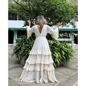 Vestido de Novia Moderno de Algodón, Estilo Princesa, Manga Larga, para Embarazadas, con Volantes, Largo hasta el Suelo, Ecológico, Casual, con Cuello en V y Espalda Descubierta - Product Image 5