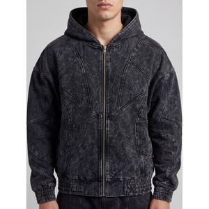 Sweat à capuche zippé pour homme, style vintage délavé à l'acide, coupe oversize, design à empiècements coupés et cousus, streetwear, en molleton épais - Product Image 5
