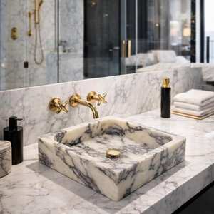 Lavabo en marbre Calacatta Viola à bord cannelé, lavabo de salle de bain moderne avec égouttoir, capacité 12L pour usage en entrepôt - Product Image 1