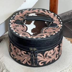 Boîte à bijoux ronde en cuir de vache véritable, entièrement travaillée à la main, avec embossage floral, style vintage, durable, pour le rangement des bijoux - Product Image 2