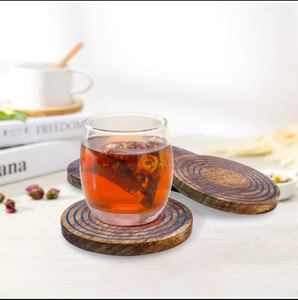 Sous-verres en noyer fabriqués à la main écologique pin naturel bambou acacia rond sous-verre en bois ensemble pour boissons avec support - Product Image 4