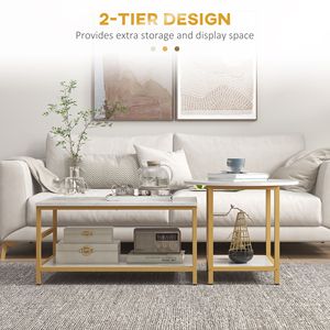 Set of 2 <b>White</b> Faux Marble Top <b>Coffee</b> <b>Tables</b> Rectangle & Round Storage Shelves for Living Room Center <b>Table</b> Set - Product Image 5