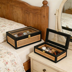 Classic Design Woven Rattan Jewelry <b>Box</b> with Glass <b>Lid</b> Eco-Friendly Rectangle <b>Storage</b> for Home Decor - Product Image 2