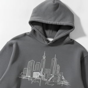 Sudadera con Capucha Gris para Hombre, de Algodón y Felpa, Corte Holgado, Estampado de Horizonte Urbano, Estilo Casual para Otoño, con Bolsillos - Product Image 6