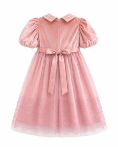 Vestido de Fiesta Formal para Niñas, Color Rosa, Terciopelo, Corte en A, con Mangas Abullonadas, Lazo y Falda de Tul Estampada - Product Image 2