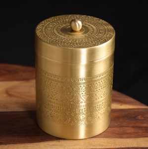 <b>Set</b> Of Three Golden Brass Spice <b>Canisters</b> With Airtight Lids Bohemian Design Kitchen Storage Containers Cylinder Shape - Product Image 6