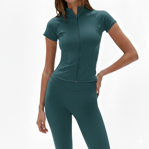 Conjunto de dos piezas de chaqueta con cremallera y leggings de cintura alta para yoga con logo personalizado para mujer - Product Image 1