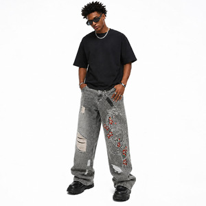 Wide Leg Denim <b>Pants</b> Men High Waist Distressed Embroidered Dragon Floral Chinese Style Loose Fit Streetwear Jeans Autumn - Product Image 3
