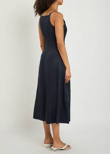 Women's Navy Blue Maxi Dress Mandarin Collar Bell Sleeve Sweet Breathable Linen Regular Fit Button Front All Seasons Casual - Product Image 2