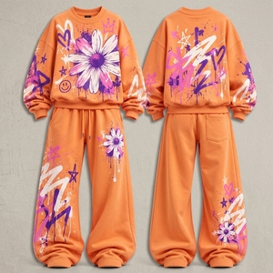 Ensemble de survêtement pour femme ONEAPEX : Sweat-shirt graffiti orange et pantalon large floral streetwear – Tenue décontractée deux pièces - Product Image 4