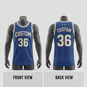 Maillot de basket personnalisé pour homme, sans manches, bleu et or, numéro 36, sublimé, en maille respirante, tenue d'équipe - Product Image 1