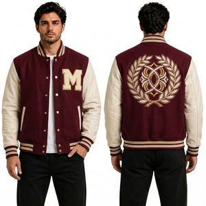 Blousons universitaires Letterman dorés avec couronne camel et broderie complexe, toucher velours premium brossé - Product Image 4