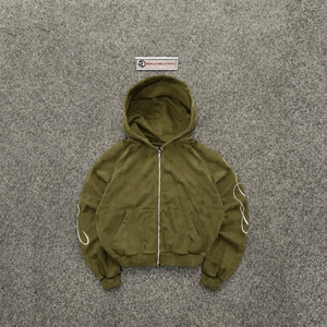 Sudadera con capucha verde oliva extragrande con cremallera, atemporal, moderna, lisa, para exhibición frontal en maniquí, catálogo de comercio electrónico, boutique. - Product Image 5