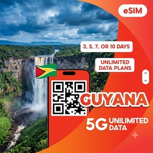 eSIM Guyana : Données illimitées pour 3, 5, 7 ou 10 jours – Internet de voyage prépayé 4G/5G avec activation instantanée par code QR - Product Image 1