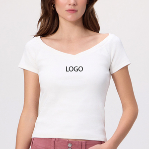 T-shirt à épaules tombantes au design élégant avec logo personnalisable, style coréen, streetwear, mode / t-shirt décontracté pour femme, col en V - Product Image 1