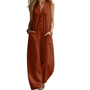 Combinaison décontractée haut de gamme pour femme, 60/40 lin/coton, boutonnée, brodée, tie-dye, taille haute, doublure douce et respirante pour l'été - Product Image 4