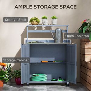 Banco da Giardinaggio in Legno per Esterni con Piano in Acciaio Zincato Grigio e Ripiano Portaoggetti per Giardino - Product Image 5