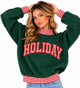 <b>Women's</b> <b>Green</b> Anti-Wrinkle <b>Fleece</b> Varsity Sweatshirt with Turtleneck Collar Drop-Shoulder Sleeves Letter Applique - Product Image 4