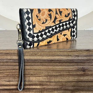 Hand Tooled Genuine Leather <b>Women</b> New Floral Checkered Clutches Luxury <b>Wallet</b> <b>Card</b> Holder Evening Wristlet <b>Wallet</b> For Shopping - Product Image 4