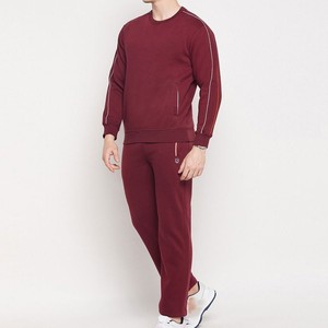 Ensemble de survêtement pour homme, couleur bordeaux, manches longues, col rond, couleur unie, décontracté, pantalon de jogging, respirant, 100% coton, coupe classique, automne - Product Image 3