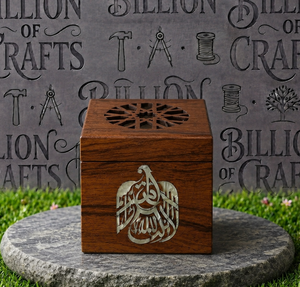 Boîte à encens en bois avec emblème national des Émirats arabes unis, style Khaleeji de luxe, calligraphie arabe, porte-oud, souvenir de Dubaï - Product Image 5