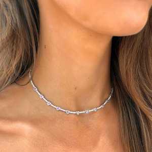 Colliers tennis en diamant 3 carats, saphir rose et moissanite en forme de cœur sertis clos, 16 pouces, luxe classique, à superposer, fermoir mousqueton, or massif 14K - Product Image 2